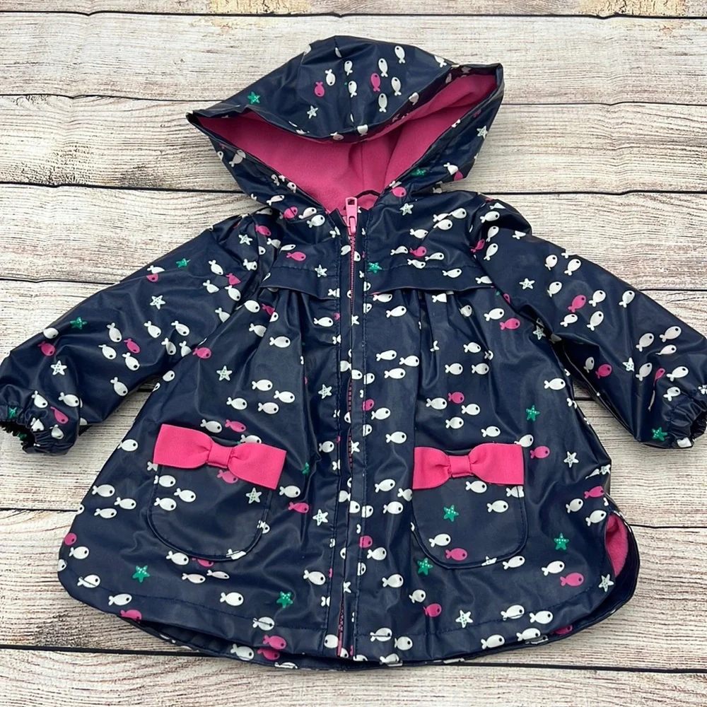 Gymboree Fish Pattern Navy Pink Fleece Lined Raincoat Size 6 to 12 Months